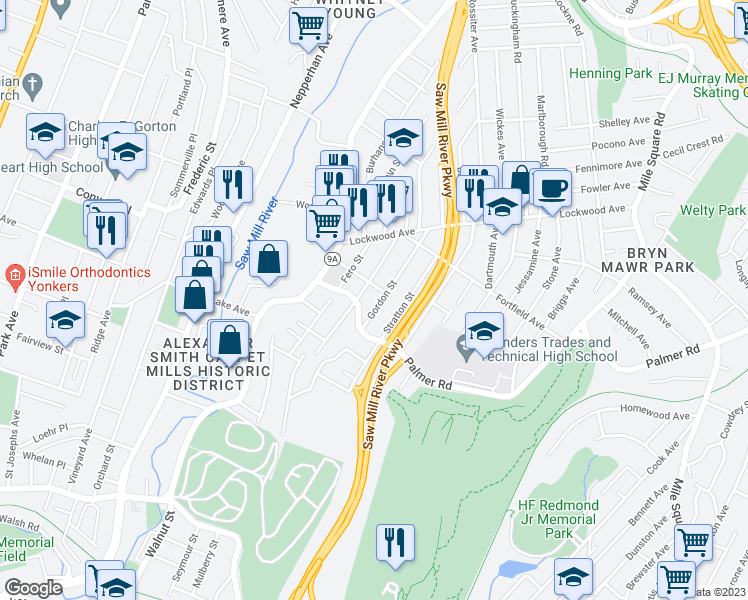 map of restaurants, bars, coffee shops, grocery stores, and more near 29 Gordon Street in Yonkers