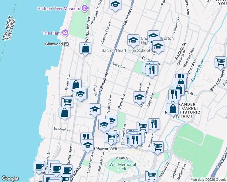 map of restaurants, bars, coffee shops, grocery stores, and more near 17 Delavan Terrace in Yonkers
