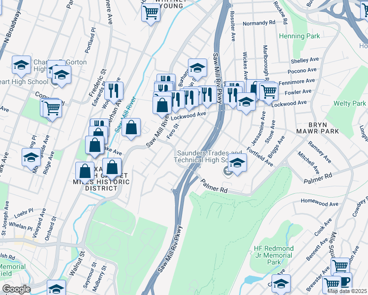 map of restaurants, bars, coffee shops, grocery stores, and more near 29 Gordon Street in Yonkers