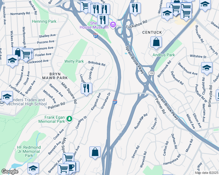 map of restaurants, bars, coffee shops, grocery stores, and more near 543 Palmer Road in Yonkers