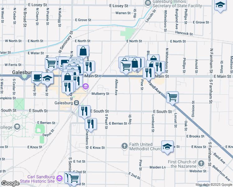 map of restaurants, bars, coffee shops, grocery stores, and more near 172 Allens Avenue in Galesburg