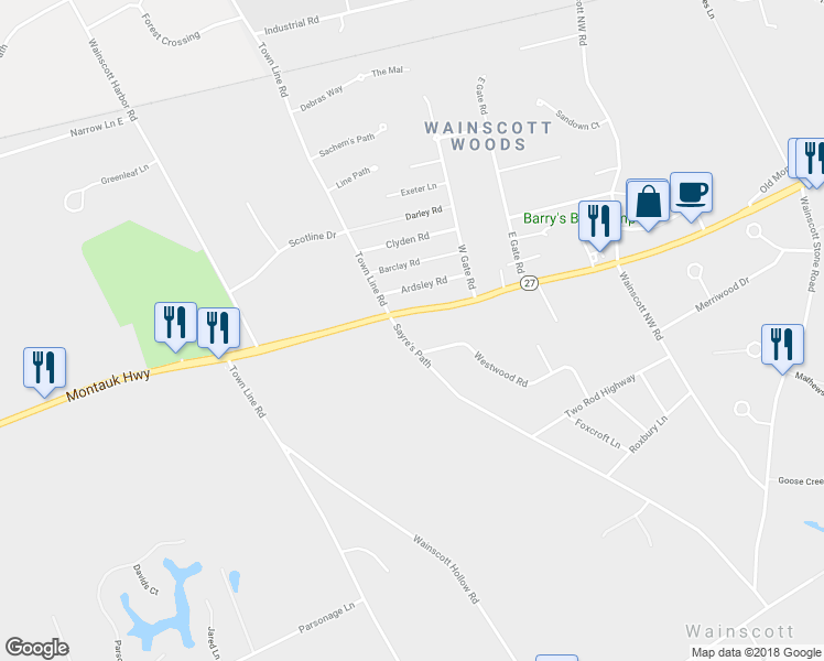 map of restaurants, bars, coffee shops, grocery stores, and more near 11 Sayre's Path in Wainscott