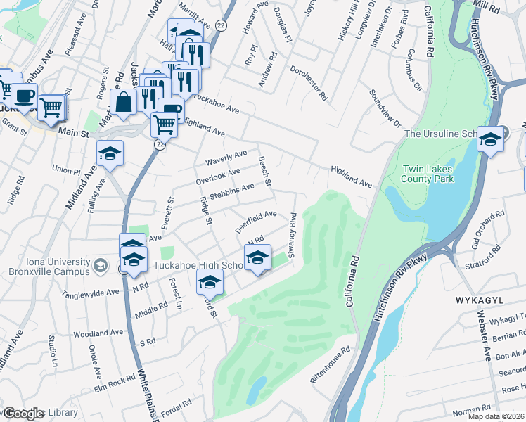 map of restaurants, bars, coffee shops, grocery stores, and more near 32 Deerfield Avenue in Eastchester