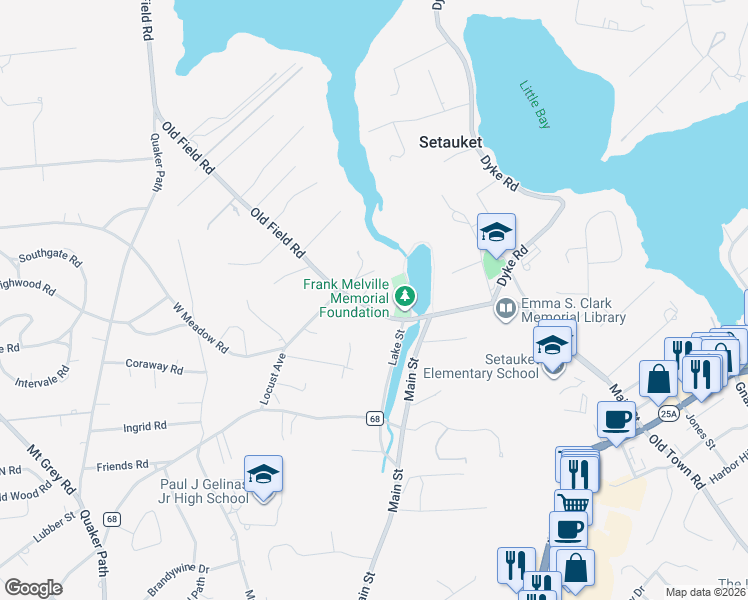 map of restaurants, bars, coffee shops, grocery stores, and more near 7 Old Field Road in Setauket- East Setauket
