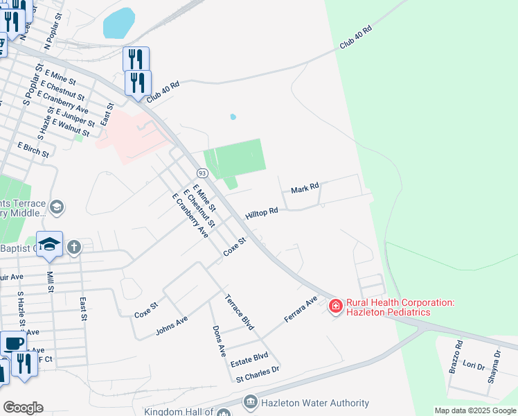 map of restaurants, bars, coffee shops, grocery stores, and more near 40 Hilltop Road in Hazleton