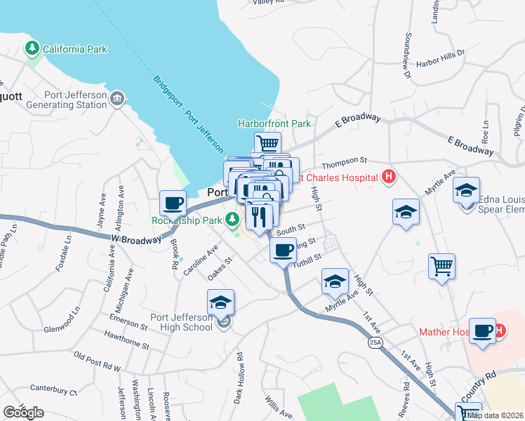 map of restaurants, bars, coffee shops, grocery stores, and more near 227 Main Street in Port Jefferson