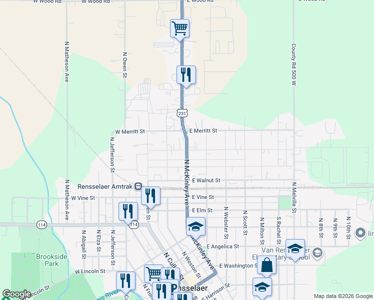 map of restaurants, bars, coffee shops, grocery stores, and more near 301 East Maple Street in Rensselaer