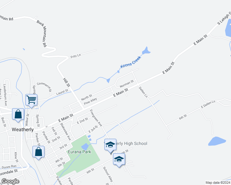 map of restaurants, bars, coffee shops, grocery stores, and more near 905 East Main Street in Weatherly