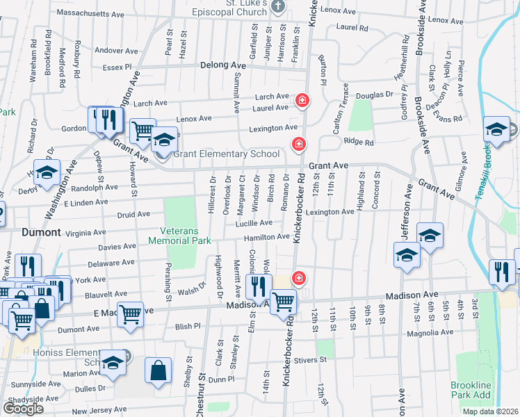 map of restaurants, bars, coffee shops, grocery stores, and more near 16 Birch Road in Dumont