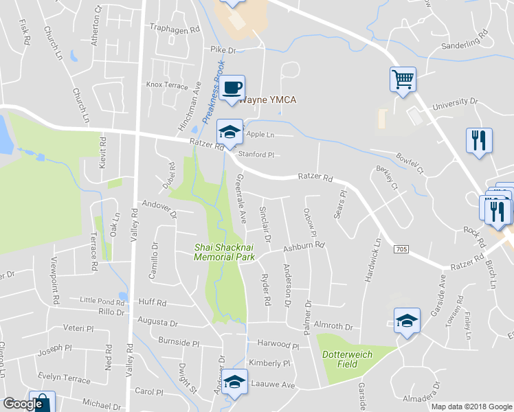 map of restaurants, bars, coffee shops, grocery stores, and more near 6 Sinclair Drive in Wayne