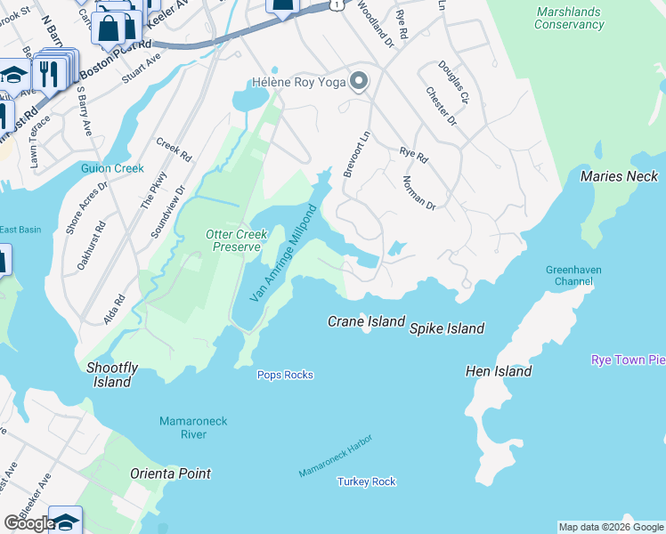 map of restaurants, bars, coffee shops, grocery stores, and more near 13 Shore Road in Rye