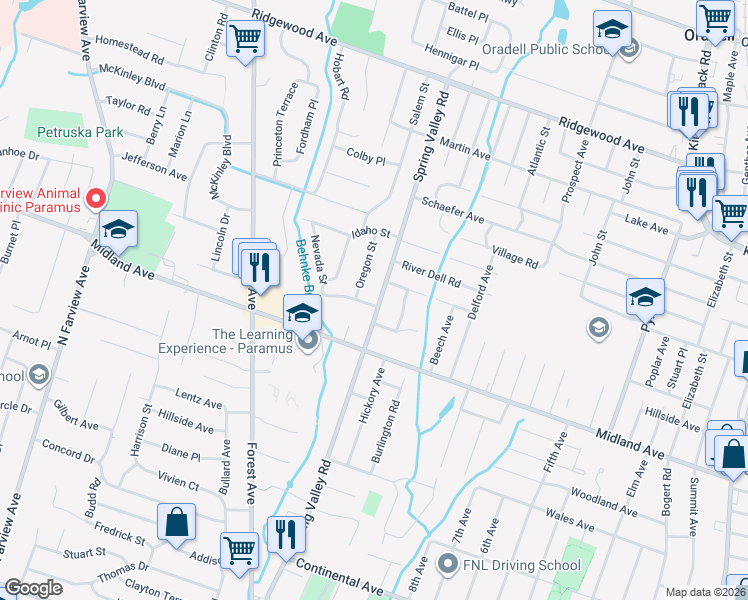 map of restaurants, bars, coffee shops, grocery stores, and more near 307 Montana Street in Paramus