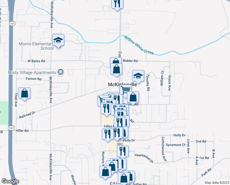 map of restaurants, bars, coffee shops, grocery stores, and more near 2210 Central Avenue in McKinleyville