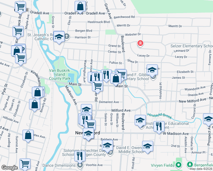 map of restaurants, bars, coffee shops, grocery stores, and more near 233 Main Street in New Milford