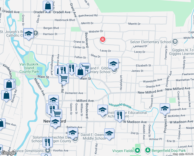 map of restaurants, bars, coffee shops, grocery stores, and more near 325 Main Street in New Milford