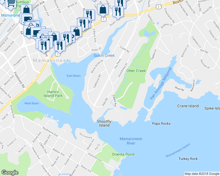 map of restaurants, bars, coffee shops, grocery stores, and more near 491 South Barry Avenue in Mamaroneck