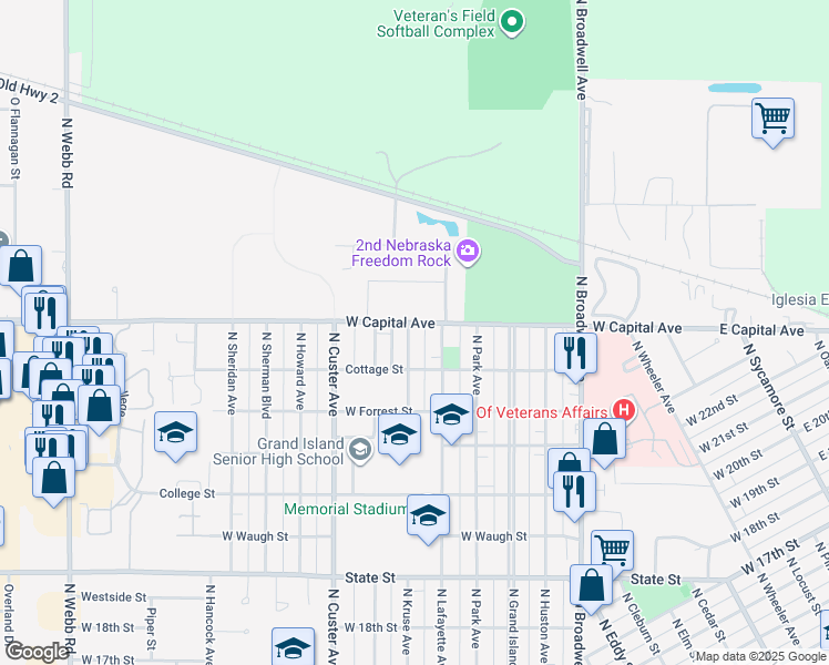 map of restaurants, bars, coffee shops, grocery stores, and more near 2431 North Kruse Avenue in Grand Island