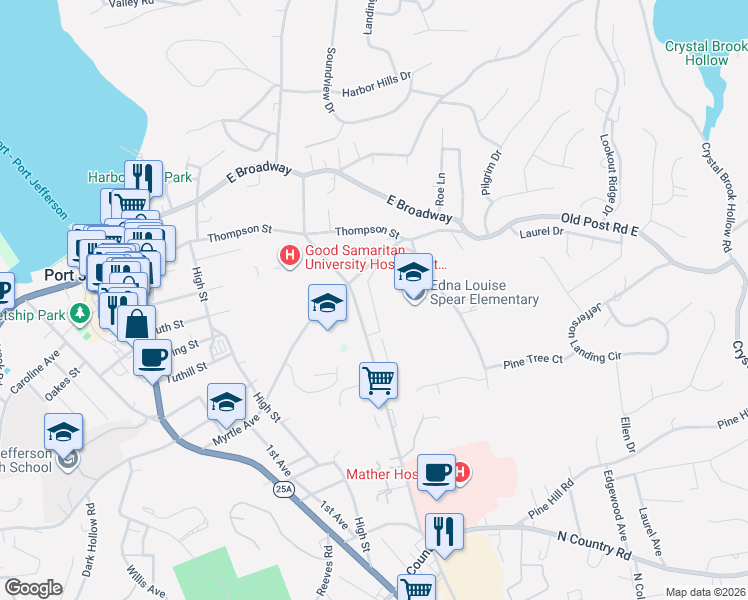 map of restaurants, bars, coffee shops, grocery stores, and more near 655 Belle Terre Road in Port Jefferson