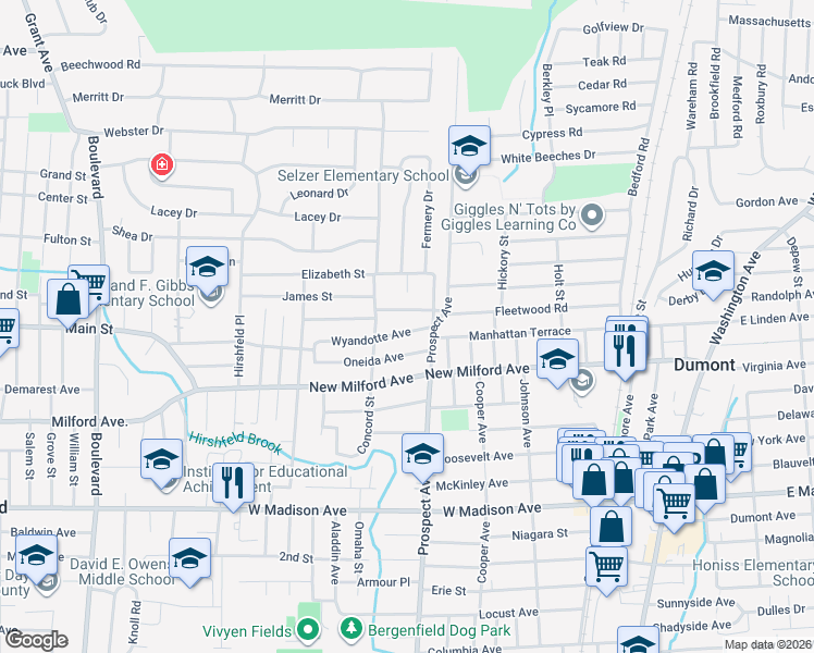 map of restaurants, bars, coffee shops, grocery stores, and more near 26 Wyandotte Avenue in Dumont
