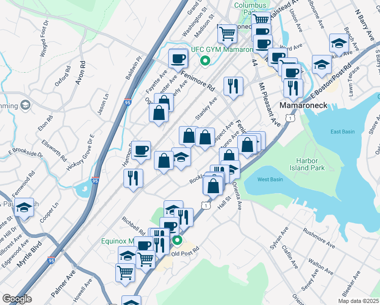map of restaurants, bars, coffee shops, grocery stores, and more near 202 Sand Street in Mamaroneck