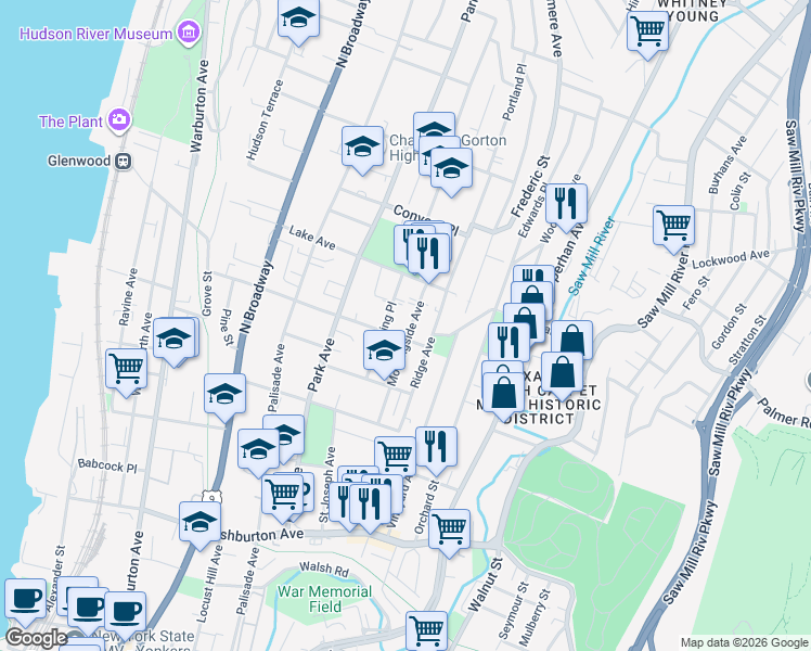 map of restaurants, bars, coffee shops, grocery stores, and more near 217 Ridge Avenue in Yonkers