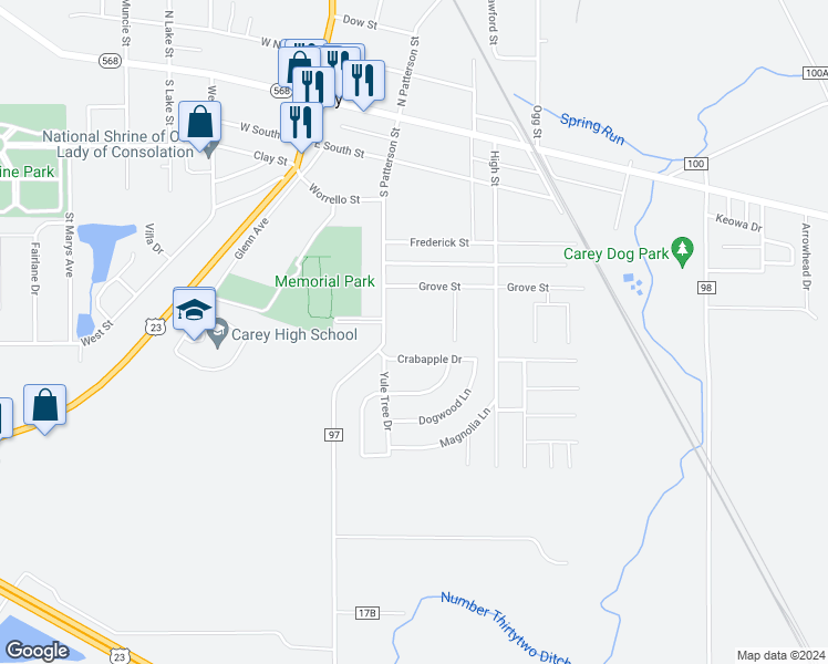 map of restaurants, bars, coffee shops, grocery stores, and more near 306 Crabapple Drive in Carey
