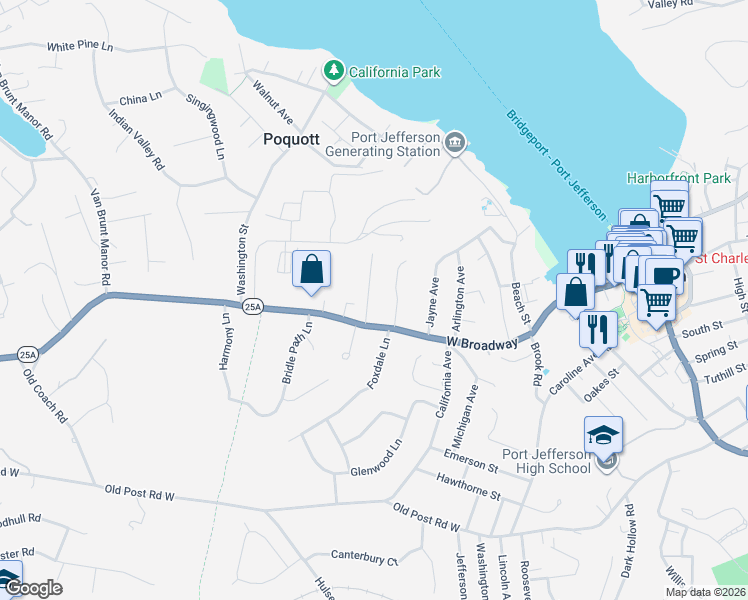 map of restaurants, bars, coffee shops, grocery stores, and more near 3 Longacre Court in Port Jefferson