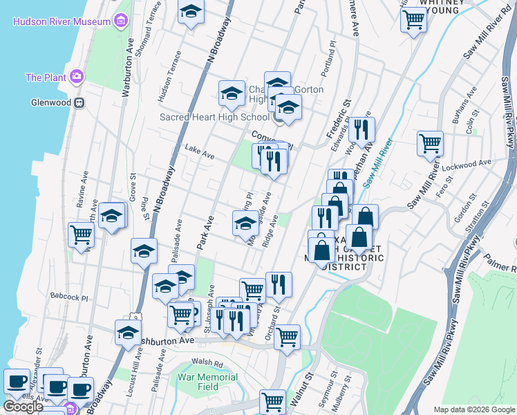 map of restaurants, bars, coffee shops, grocery stores, and more near 217 Ridge Avenue in Yonkers