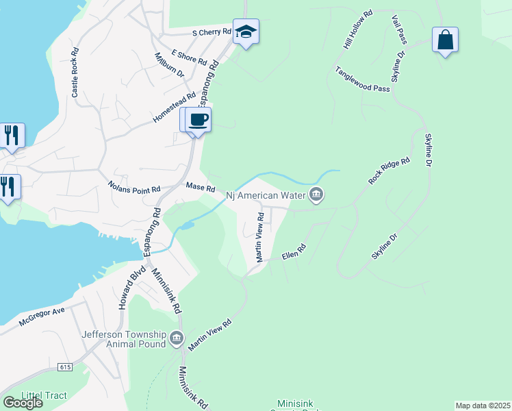 map of restaurants, bars, coffee shops, grocery stores, and more near 47 Mase Road in Jefferson