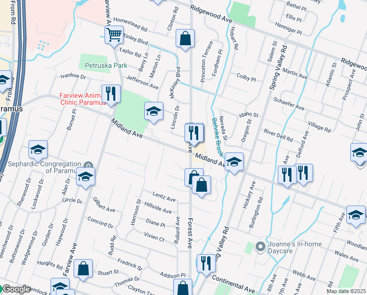 map of restaurants, bars, coffee shops, grocery stores, and more near 251 East Midland Avenue in Paramus