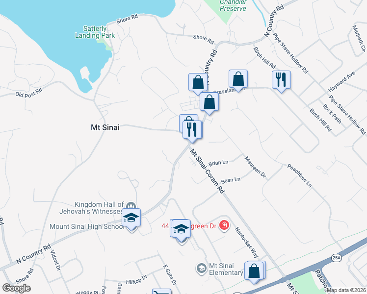map of restaurants, bars, coffee shops, grocery stores, and more near 153 North Country Road in Mount Sinai