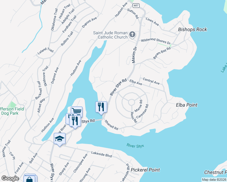 map of restaurants, bars, coffee shops, grocery stores, and more near 494 River Styx Road in Hopatcong