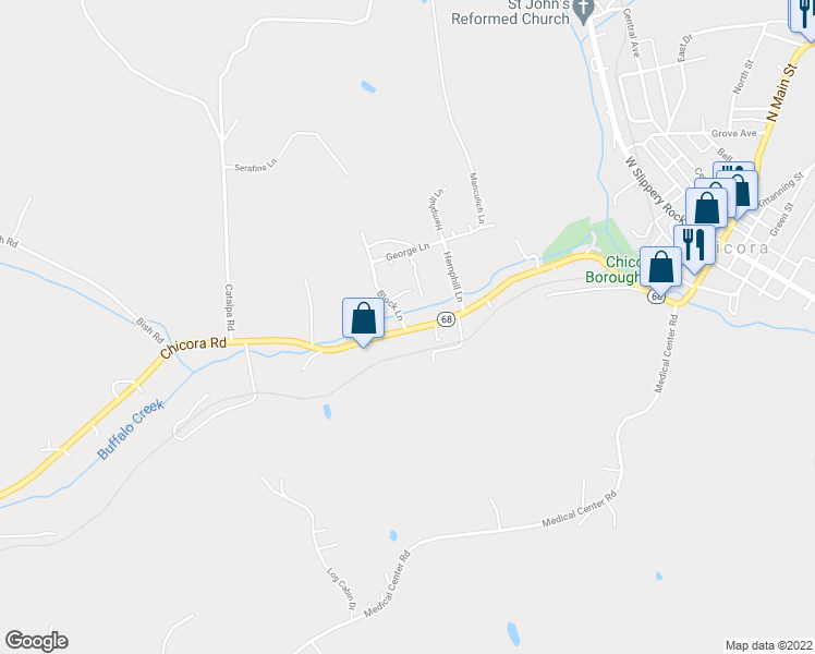 map of restaurants, bars, coffee shops, grocery stores, and more near 1355 Chicora Road in Chicora