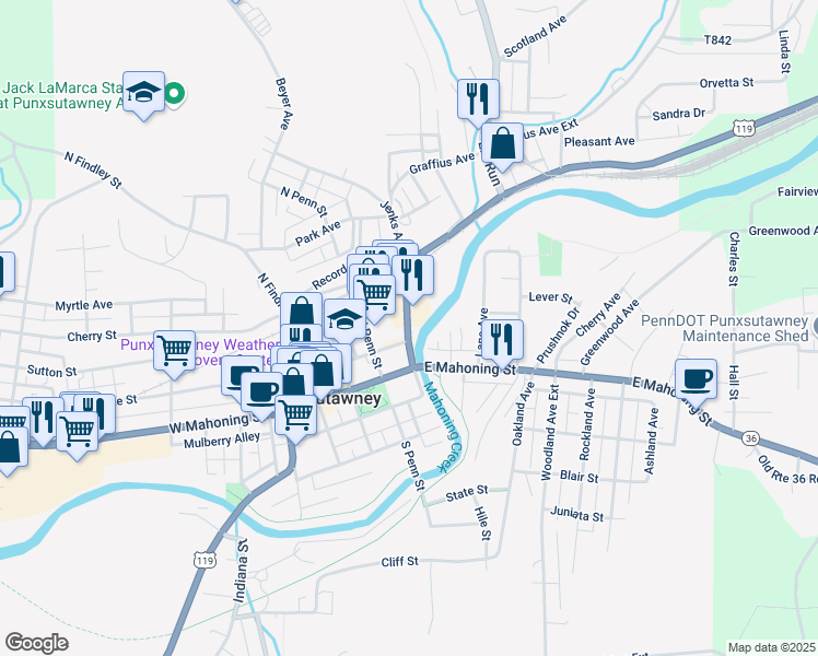 map of restaurants, bars, coffee shops, grocery stores, and more near 207 Hampton Avenue in Punxsutawney