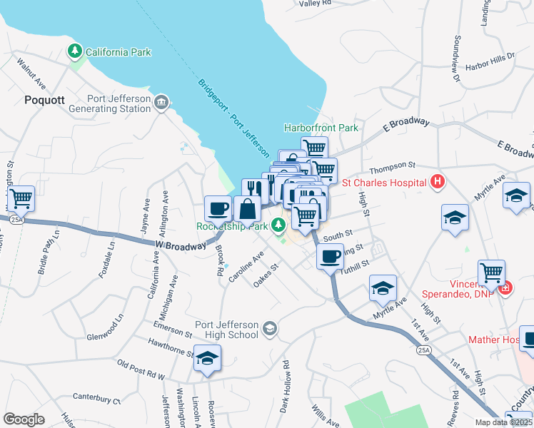 map of restaurants, bars, coffee shops, grocery stores, and more near 121-125 West Broadway in Port Jefferson