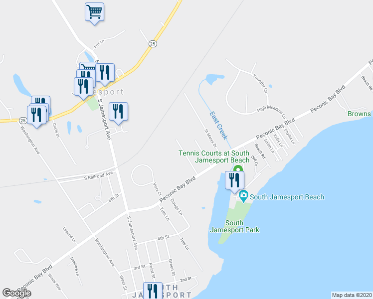 map of restaurants, bars, coffee shops, grocery stores, and more near 56 Seaman Road in Jamesport