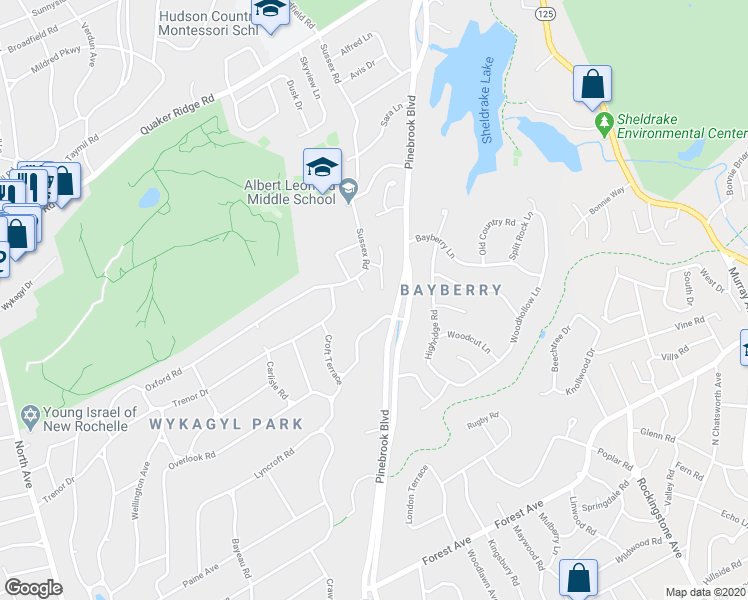 map of restaurants, bars, coffee shops, grocery stores, and more near 9 Amanda Lane in New Rochelle