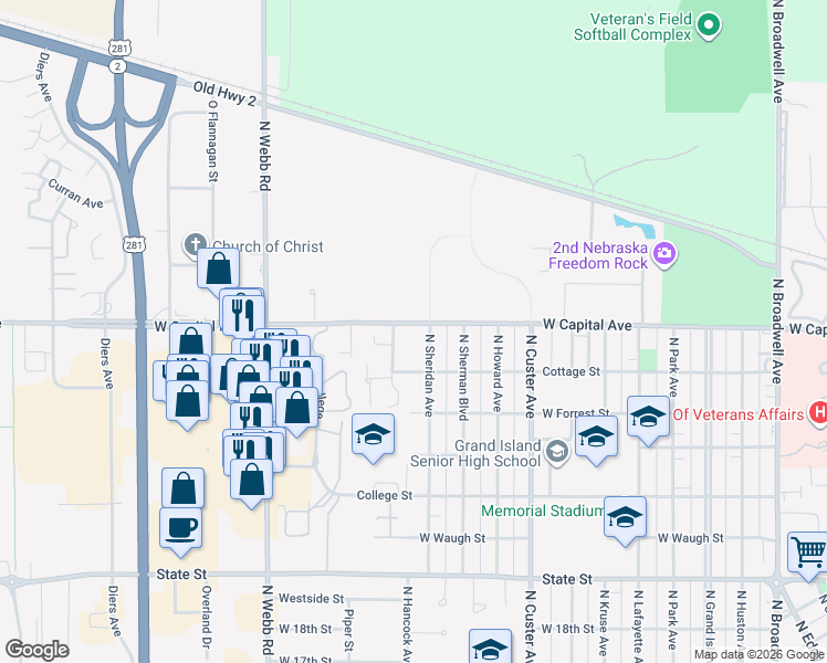 map of restaurants, bars, coffee shops, grocery stores, and more near 2815 West Capital Avenue in Grand Island