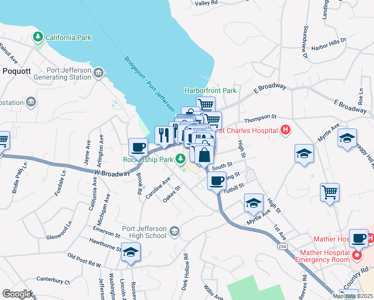 map of restaurants, bars, coffee shops, grocery stores, and more near 106 Main Street in Port Jefferson