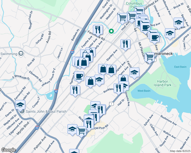 map of restaurants, bars, coffee shops, grocery stores, and more near 720 Palmer Avenue in Mamaroneck