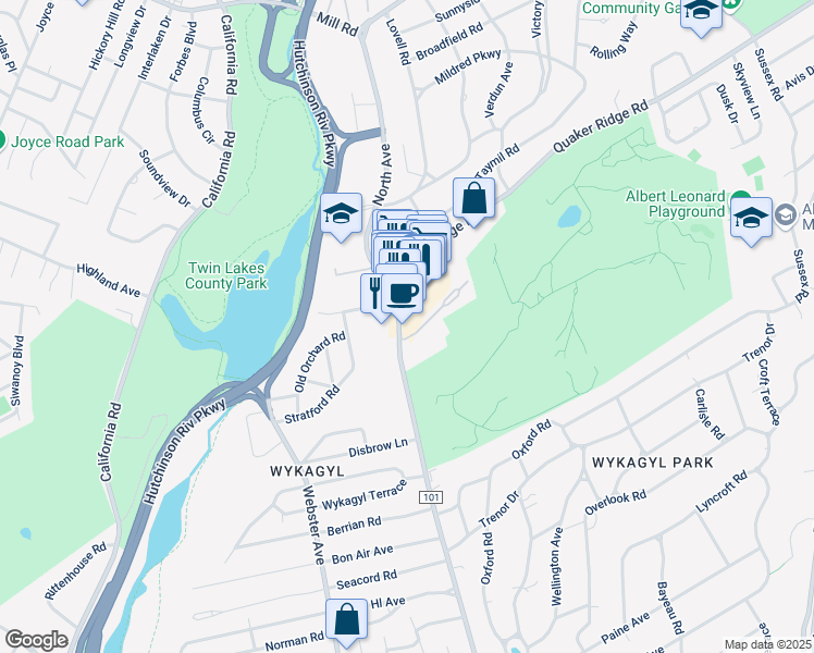 map of restaurants, bars, coffee shops, grocery stores, and more near 1270 County Road 101 in New Rochelle