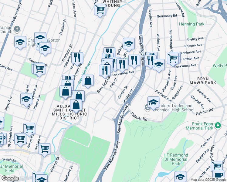 map of restaurants, bars, coffee shops, grocery stores, and more near 34 Palmer Road in Yonkers