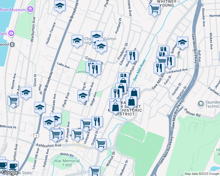 map of restaurants, bars, coffee shops, grocery stores, and more near 489 Nepperhan Avenue in Yonkers