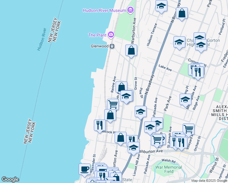 map of restaurants, bars, coffee shops, grocery stores, and more near 47 Ravine Avenue in Yonkers