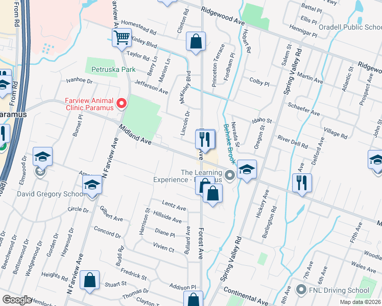 map of restaurants, bars, coffee shops, grocery stores, and more near 251 East Midland Avenue in Paramus