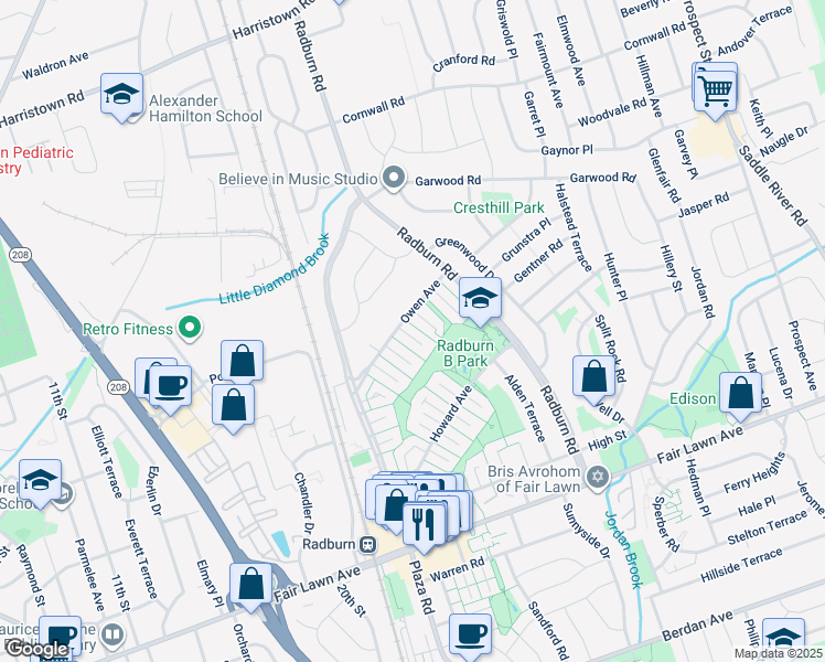 map of restaurants, bars, coffee shops, grocery stores, and more near 12 Bristol Place in Fair Lawn