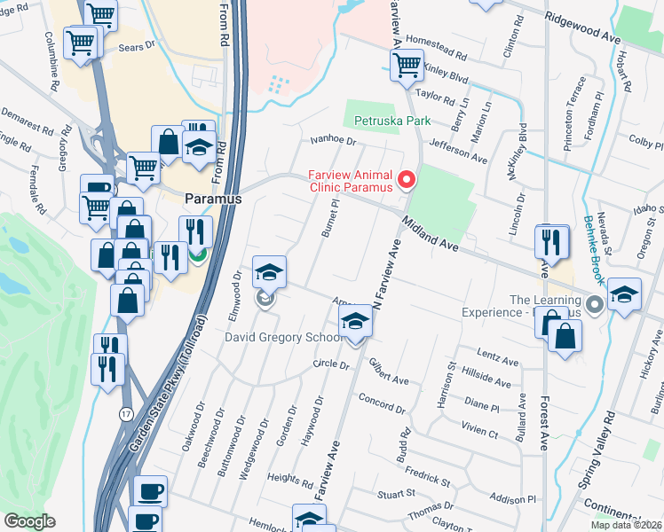 map of restaurants, bars, coffee shops, grocery stores, and more near 366 Valley View Avenue in Paramus