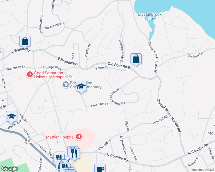 map of restaurants, bars, coffee shops, grocery stores, and more near 103 Red Oak Court in Port Jefferson