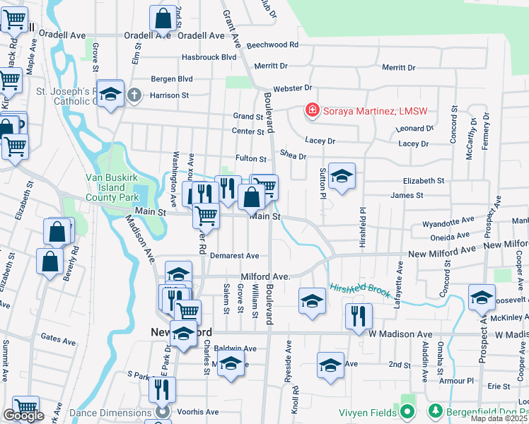 map of restaurants, bars, coffee shops, grocery stores, and more near 227 Boulevard in New Milford