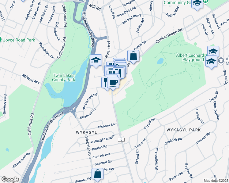 map of restaurants, bars, coffee shops, grocery stores, and more near 1270 County Road 101 in New Rochelle